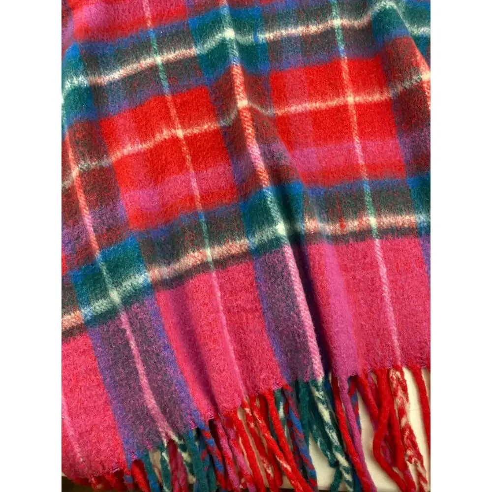 ANTHROPOLOGIE Blanket Tartan Wool Plaid Throw Fringed Red 50